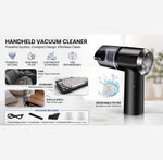 Handheld vacuum cleaner in black and silver shown on a white background with feature icons, usage benefits, a small inset showing the keyboard, and package contents. Text reads 'HANDHELD VACUUM CLEANER' and 'WASHABLE FILTER RECHARGEABLE & DUST-DRIVE.